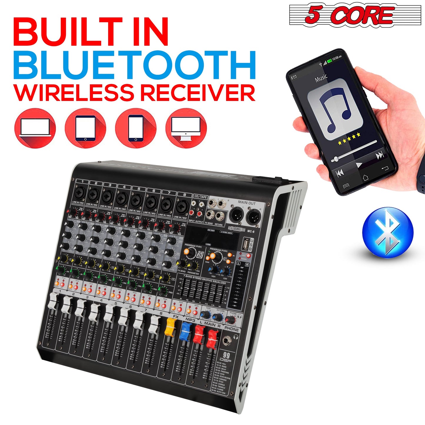 5 Core Audio Mixer 8 Channel DJ Equipment with Bluetooth USB Console