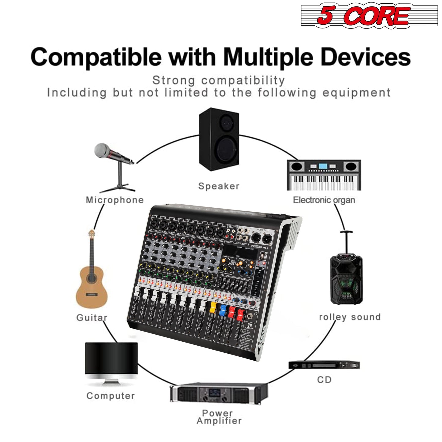 5 Core Audio Mixer 8 Channel DJ Equipment with Bluetooth USB Console