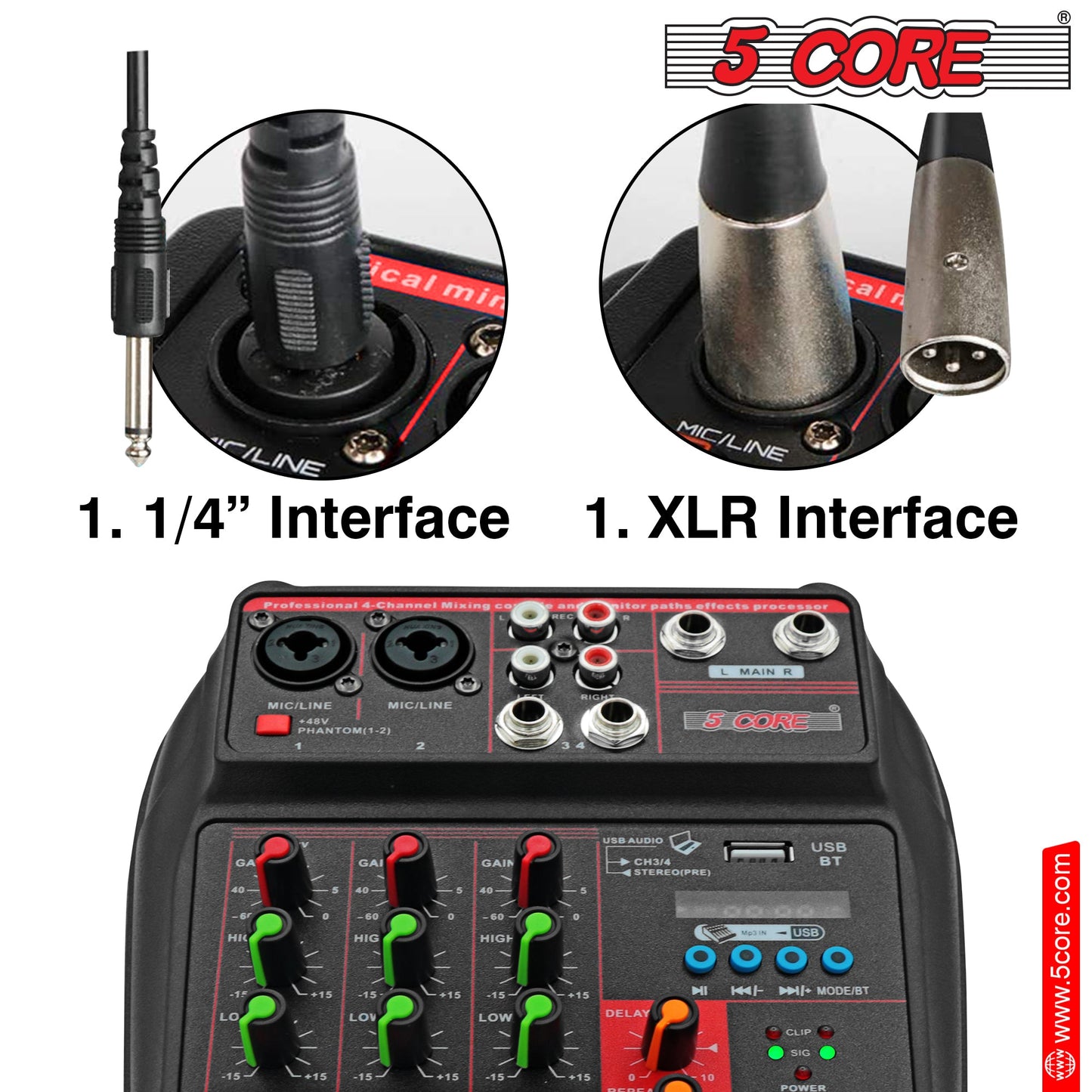 5 Core Audio Mixer 4 Channel DJ Equipment with Bluetooth USB Sound