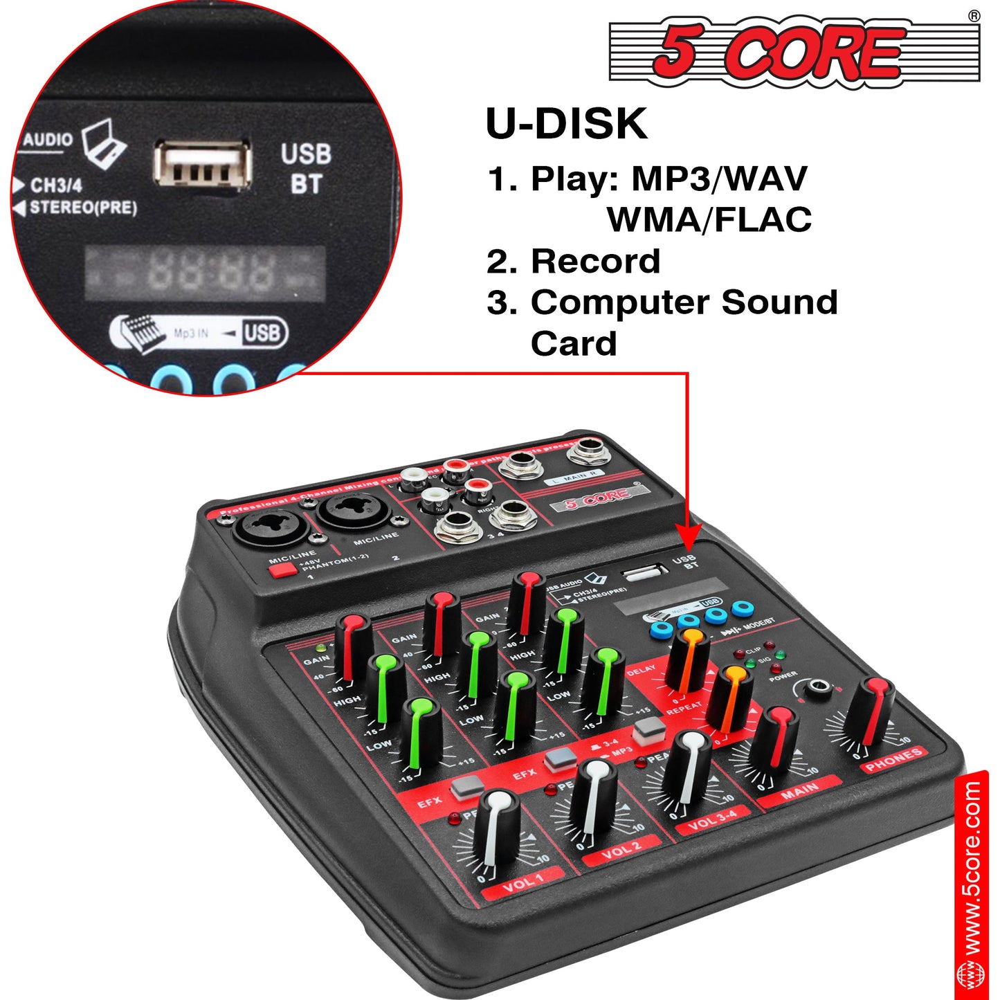 5 Core Audio Mixer 4 Channel DJ Equipment with Bluetooth USB Sound