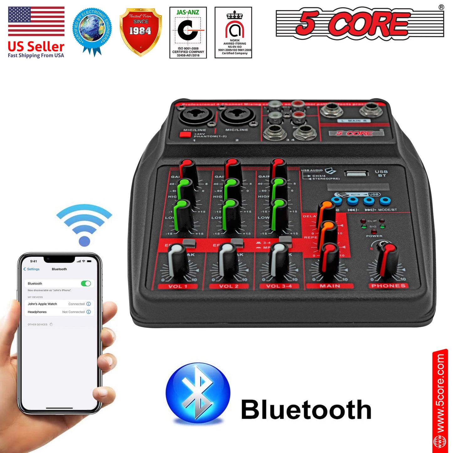 5 Core Audio Mixer 4 Channel DJ Equipment with Bluetooth USB Sound