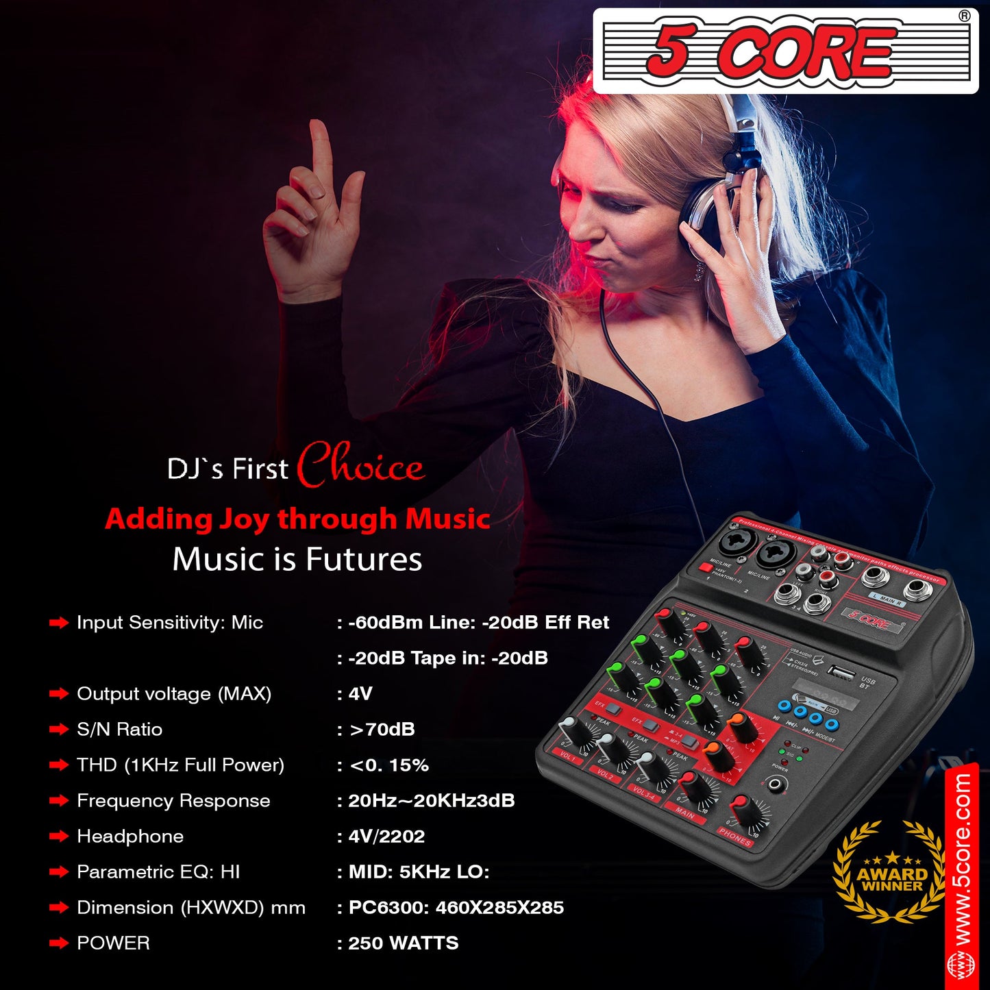 5 Core Audio Mixer 4 Channel DJ Equipment with Bluetooth USB Sound